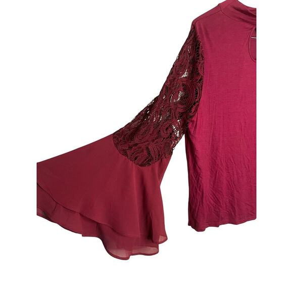 Joseph A. Lace Bell Sleeve Top Mock Neck Pullover Stertch Burgundy Size L NWT - Picture 3 of 6